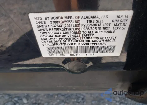 2015 Honda Pilot Ex-L from USA, damaged, VIN 5FNYF3H53FB015590